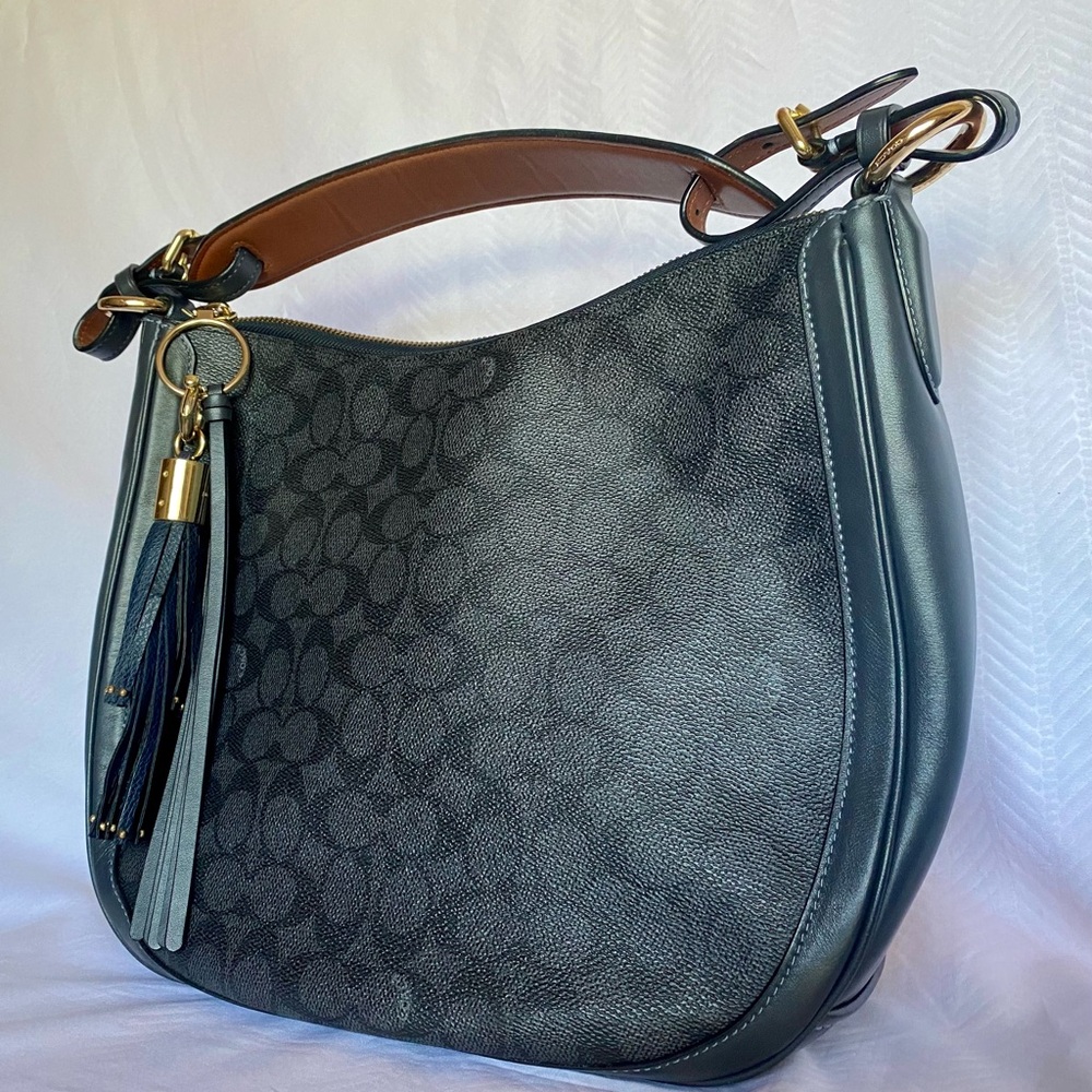 Coach Sutton Hobo Leather Bag Charcoal/Navy/Gold - Picture 3 of 14